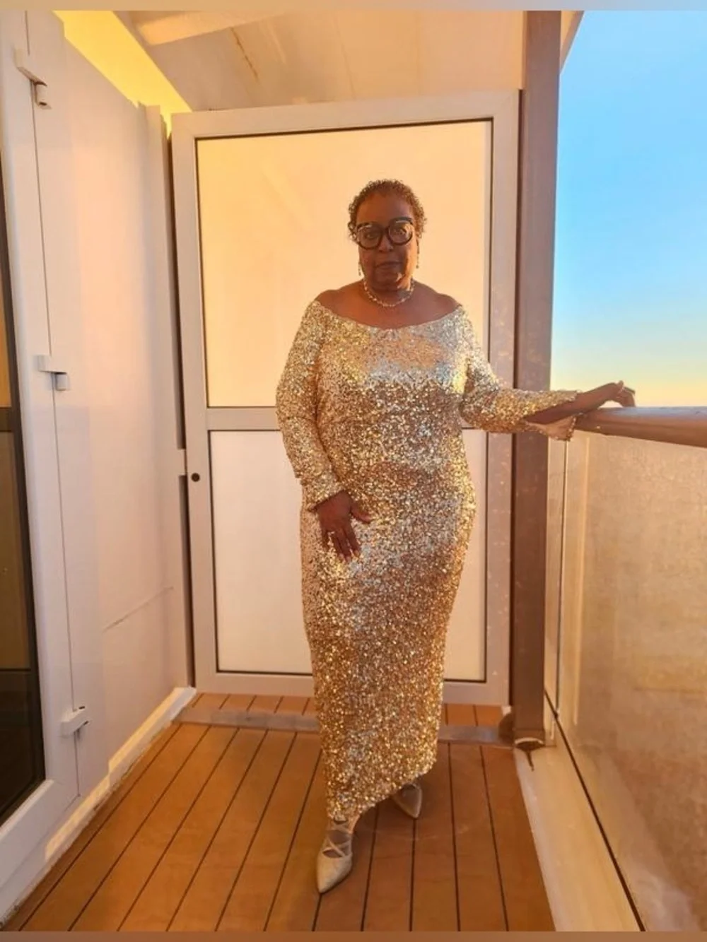 ELOQUII OFF THE SHOULDER SEQUIN COLUMN DRESS IN GOLD - Picture 10 of 12